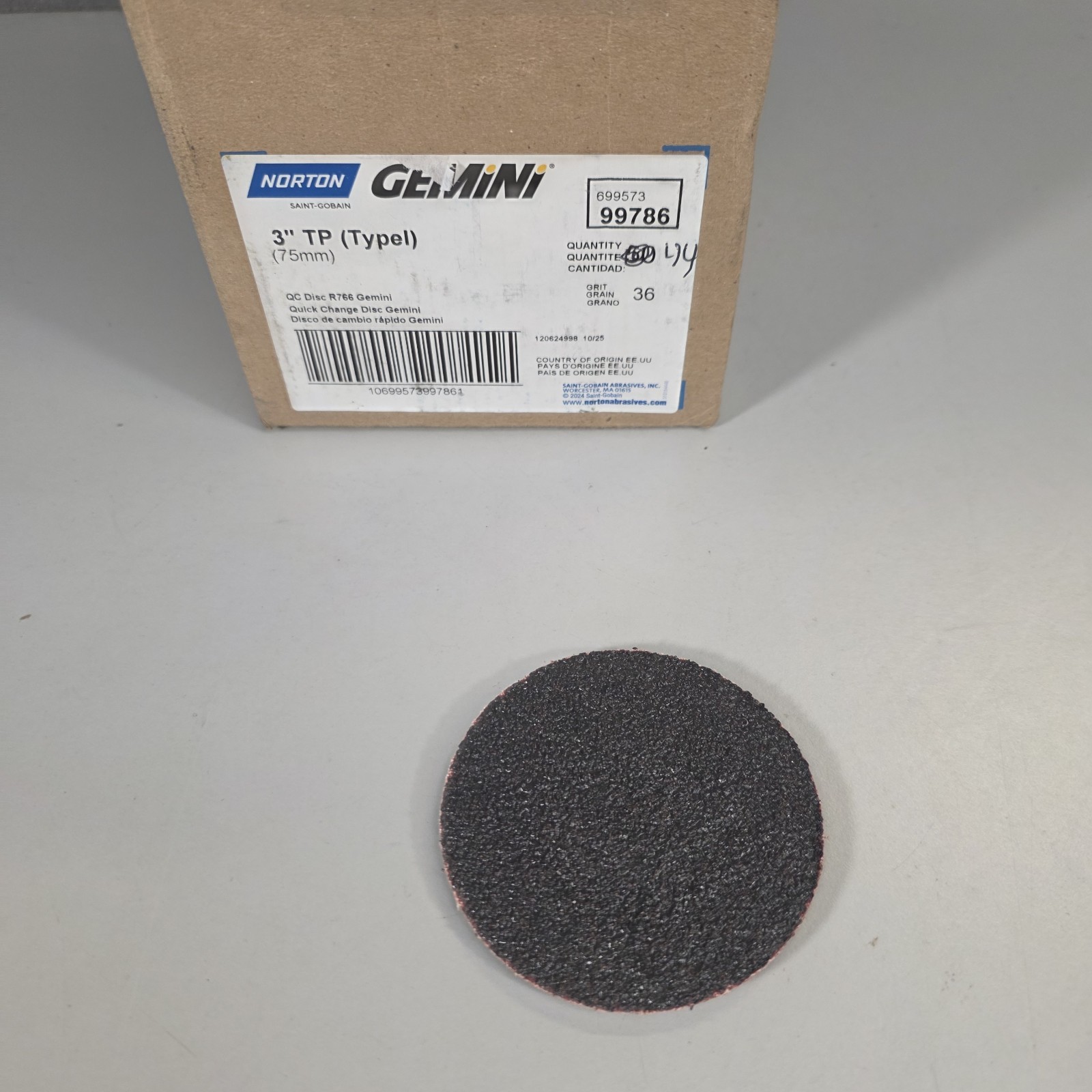 R766 QC Norton Gemini Abrasive Discs 3in TP (75mm) 36 Grit Quick Change Qty 44