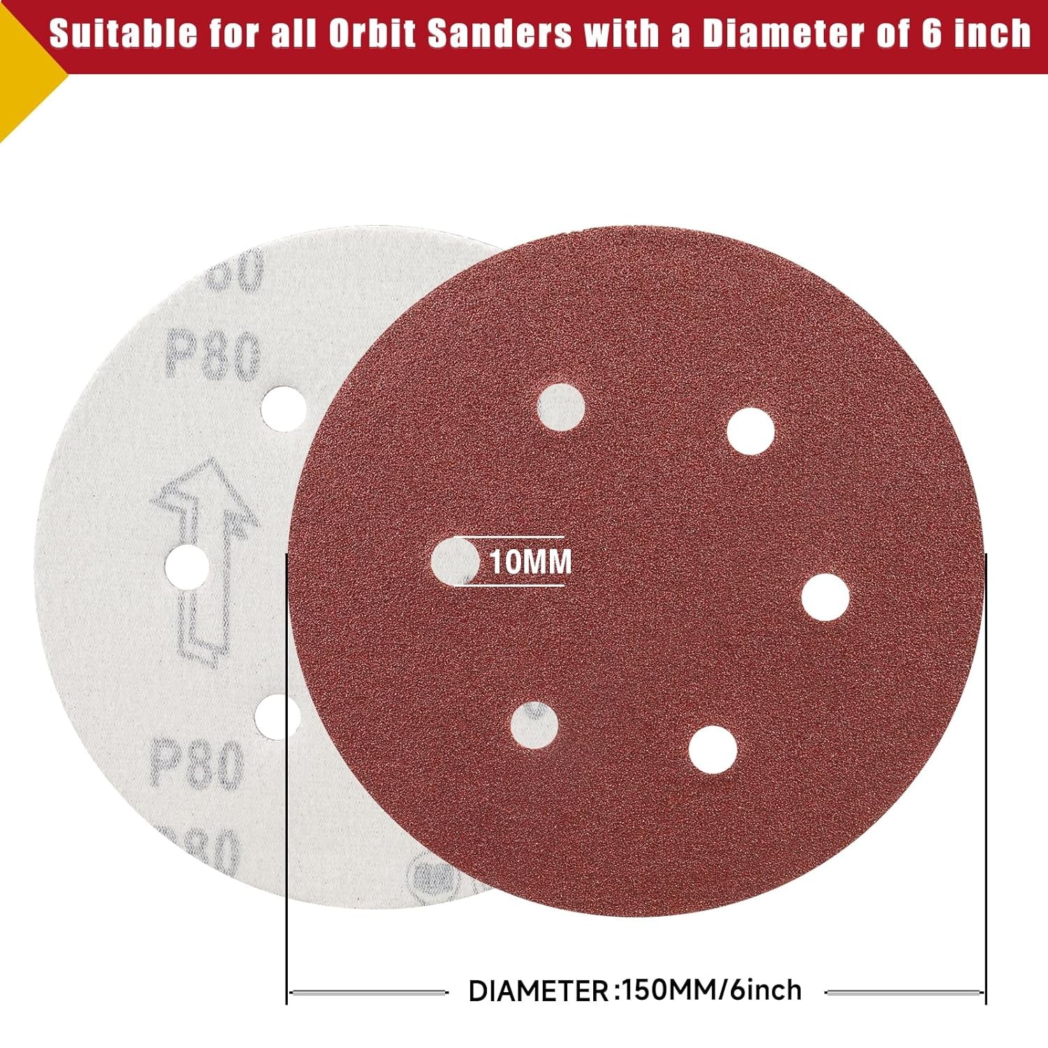 100 PCS 6 Inch Sanding Discs, 6 Hole Hook and Loop Sandpaper 60 80 120 240 400 G
