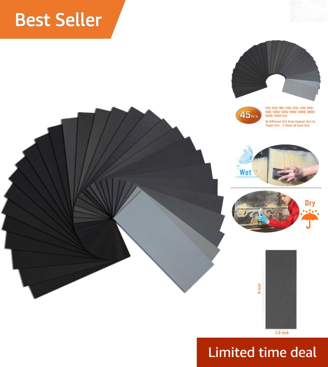 45PCS Wet Dry Sandpaper Set 120-5000 Grit Assorted Waterproof Silicon Carbide