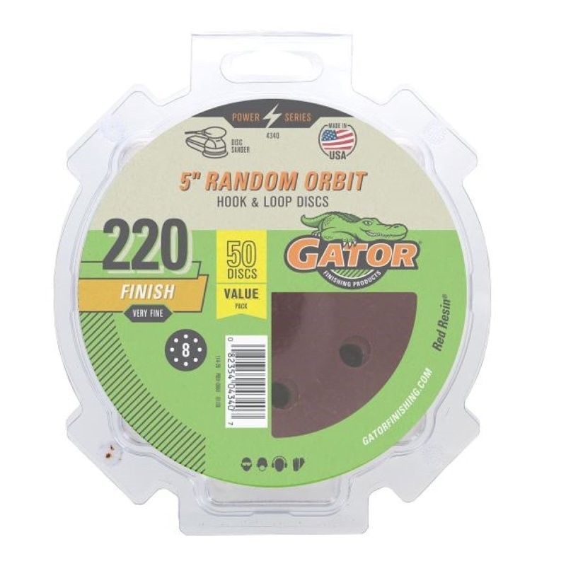Gator 4340 Sanding Disc, 5 in Dia, 220 Grit, Extra Fine, Aluminum Oxide Abrasive