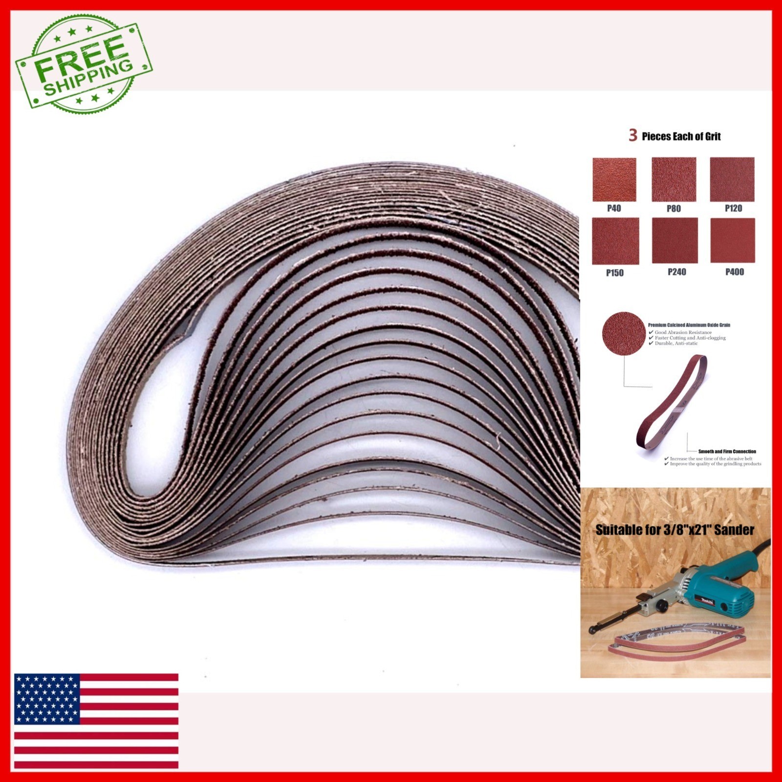 3/8 x 21 Sanding Belt Aluminum Oxide 18-Pack for Makita Sander