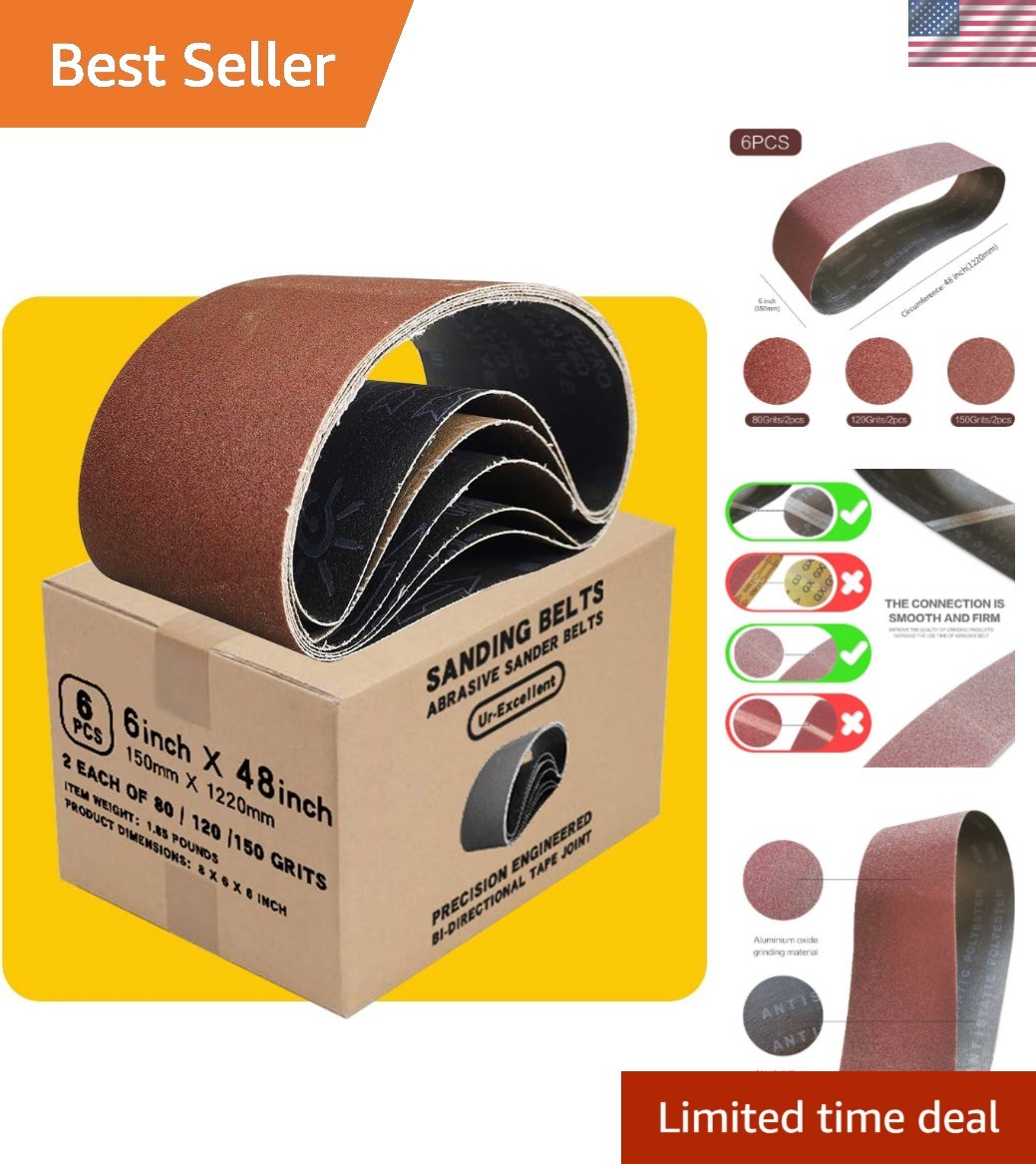 6 x 48 in 6×48 Sanding Belt Pack 6-Inch x 48-Inch,6 Pcs2 Each of 80 120 150 G…