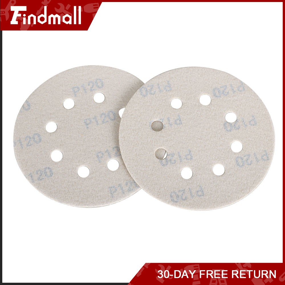 Findmall 100 Pieces 5 Inch 8-Hole 120 Grit Hook and Loop Sanding Discs