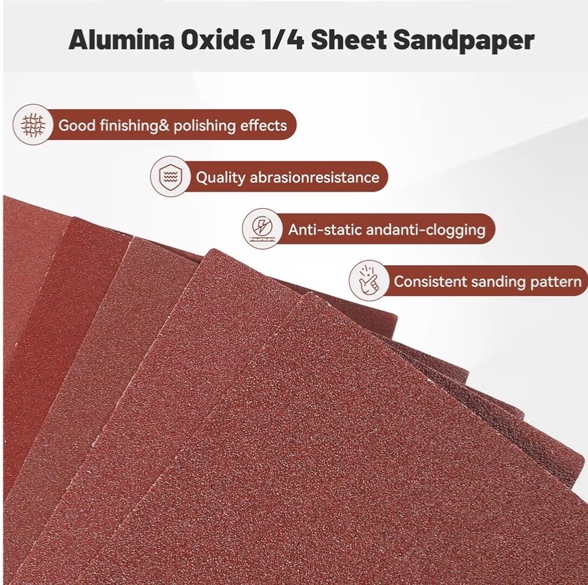 50 Pack 1/4 Sandpaper Sheet – 4-1/2” x 5-1/2”, P60 Grit, Red Aluminum Oxide, Pla
