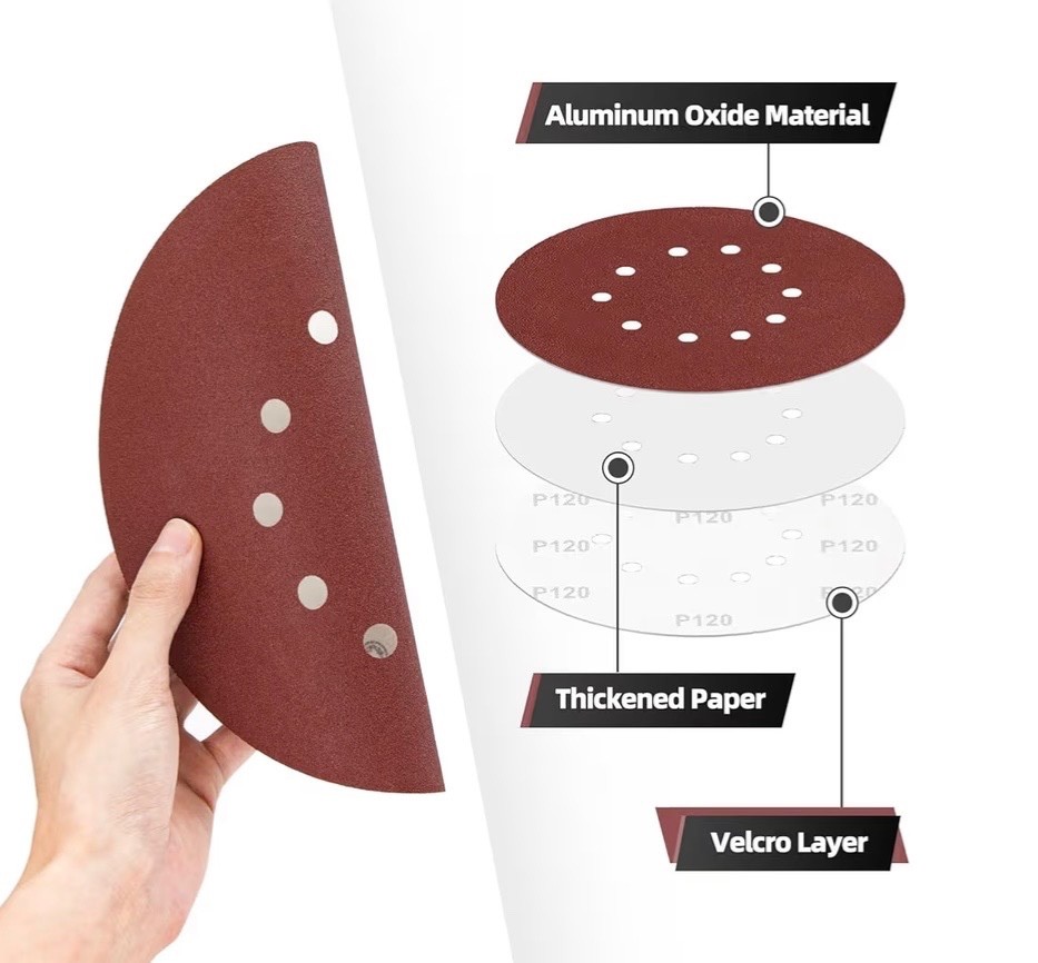 50 Pack 9-Inch 10-Hole Hook-and-Loop Sanding Disc, 80 120 240 Grit Aluminum Oxid