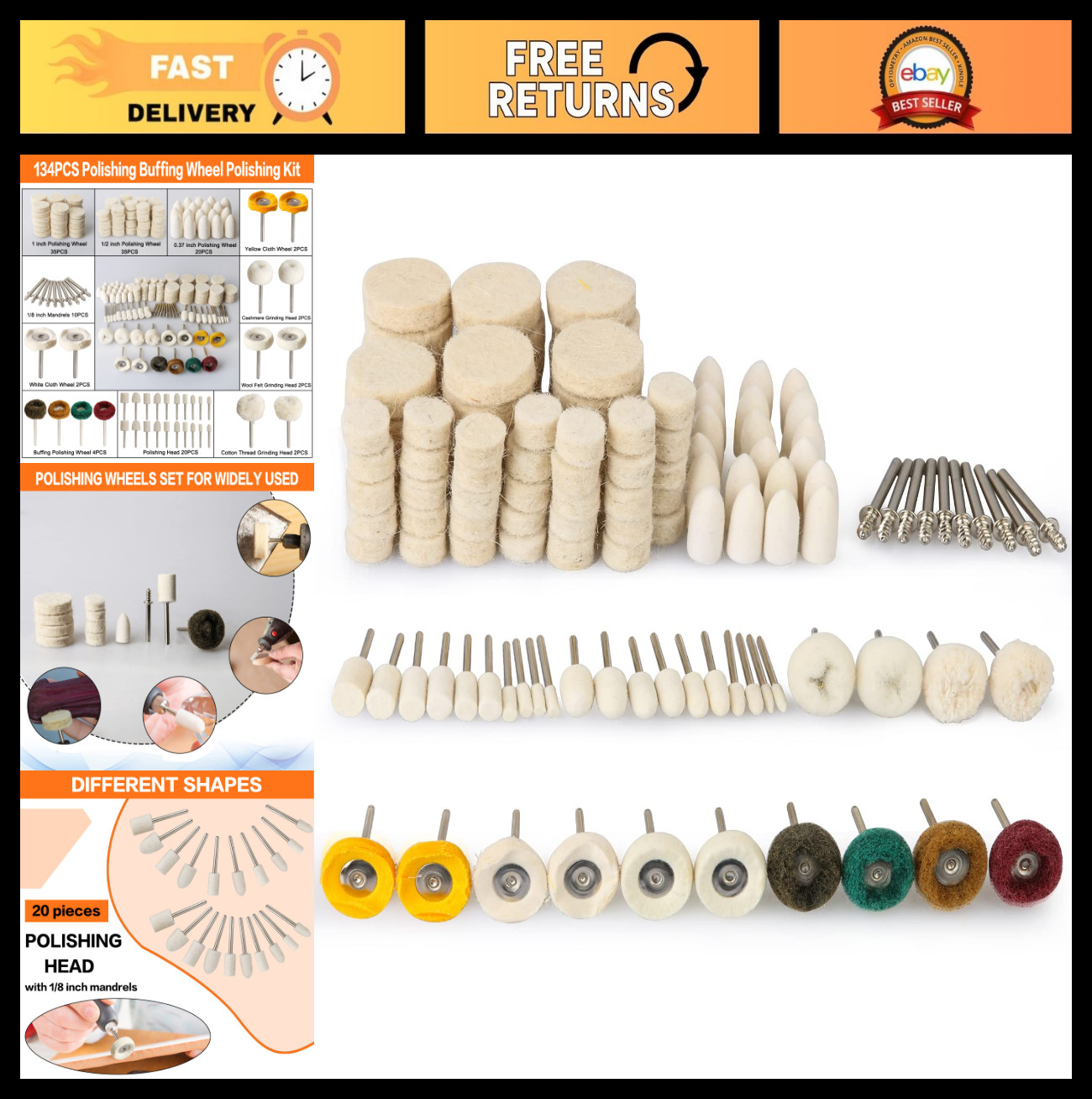 134PCS Polishing Wheel Kit for Rotary Tools – Buffing Wheels, Felt & Sanding Bit
