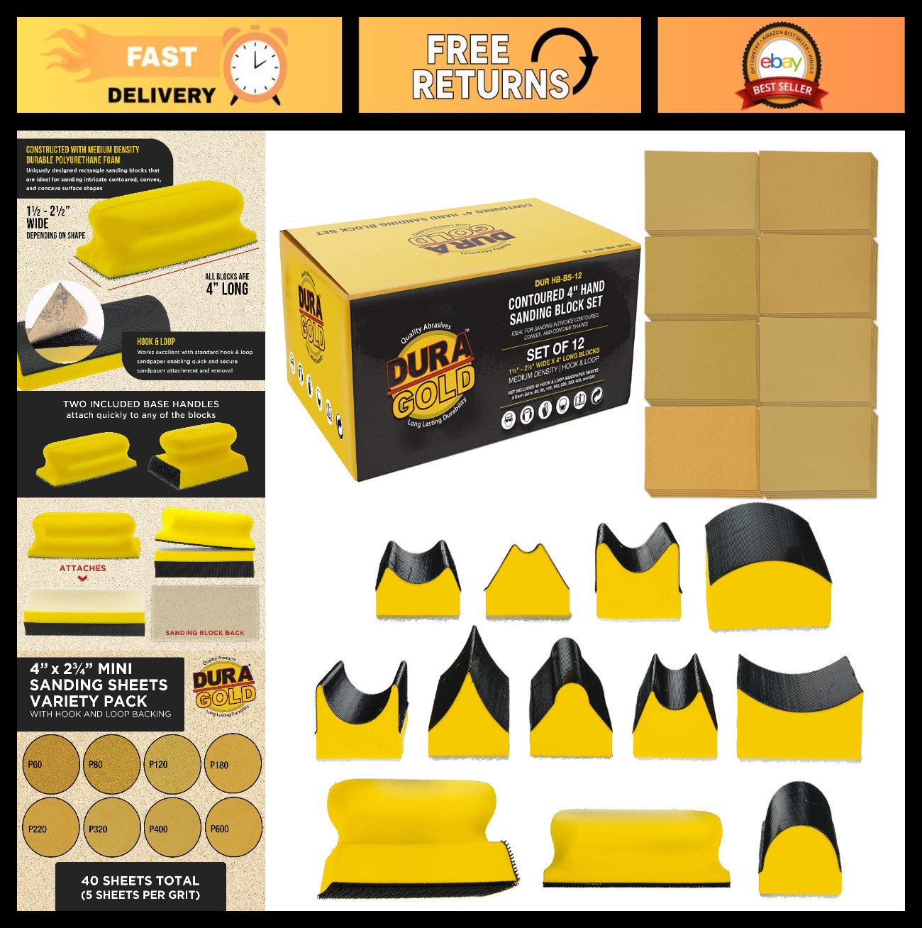 12-Piece Hand Sanding Block Set with 40 Hook & Loop Sandpaper – Contoured Shapes