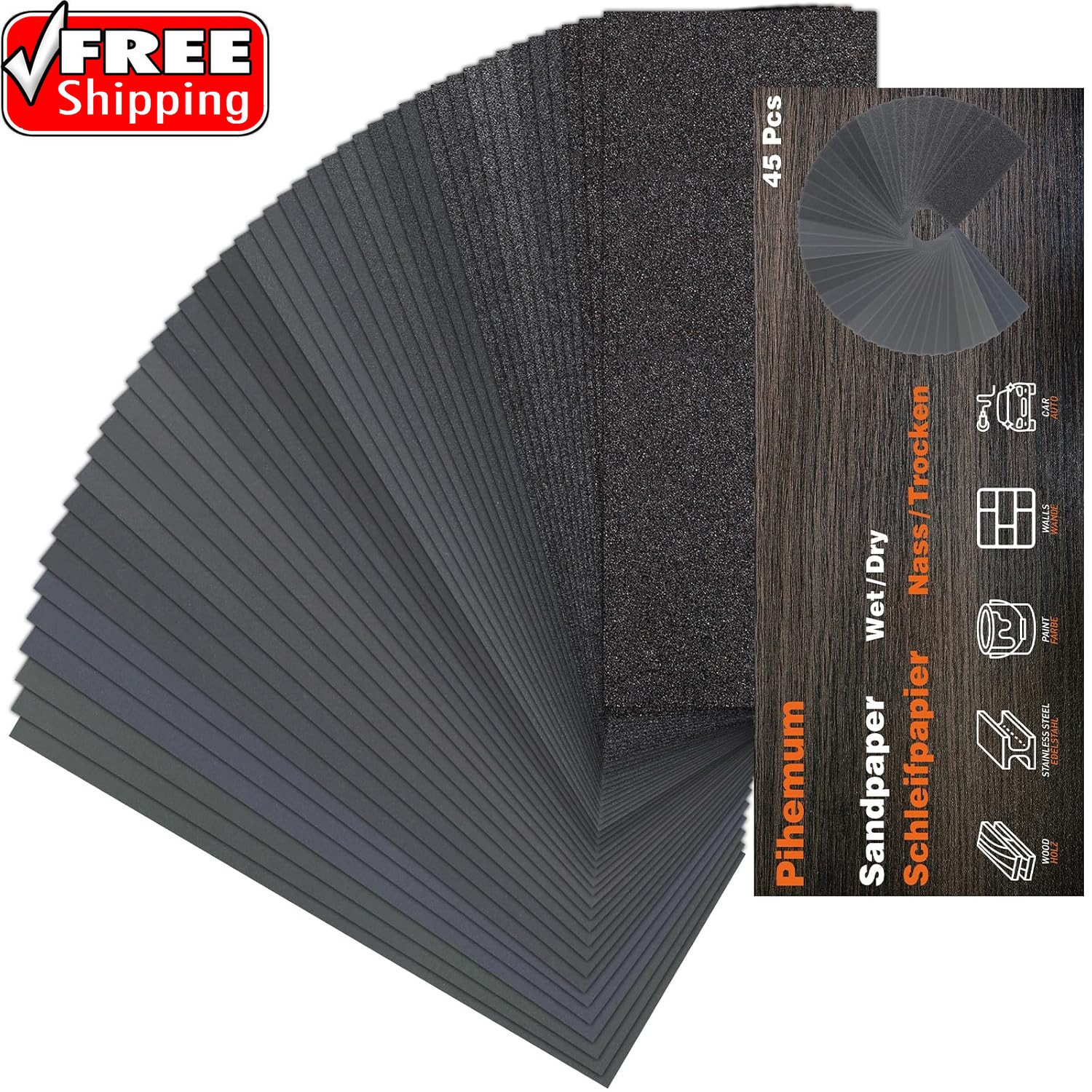 45 Pcs Sandpaper Assortment 80-5000 Grit Wet Dry Sandpaper Sheets, 9 X 3.6 Inch