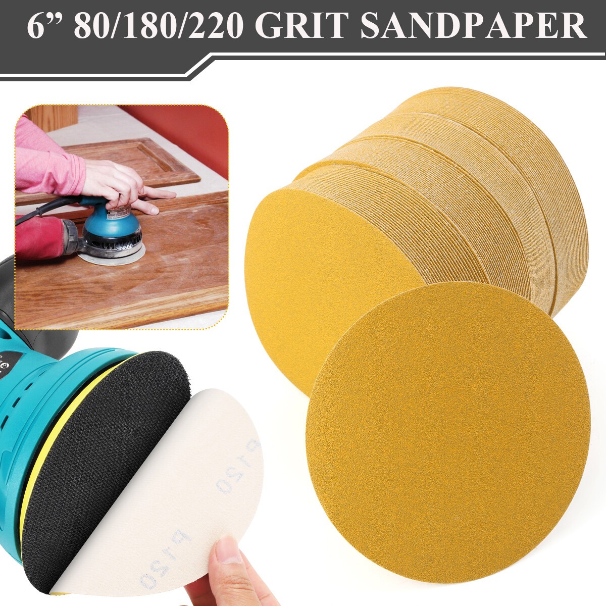 100/200PCS 6 Inch Gold PSA Sanding Discs 80-220 Grit Self Adhesive Sticky-Back