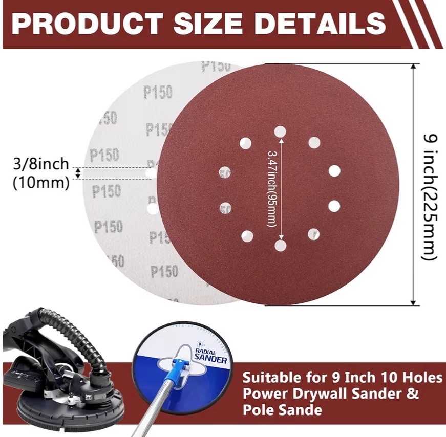 50 Pack 9-Inch 10-Hole Hook-and-Loop Sanding Disc, 80 120 240 Grit Aluminum Oxid