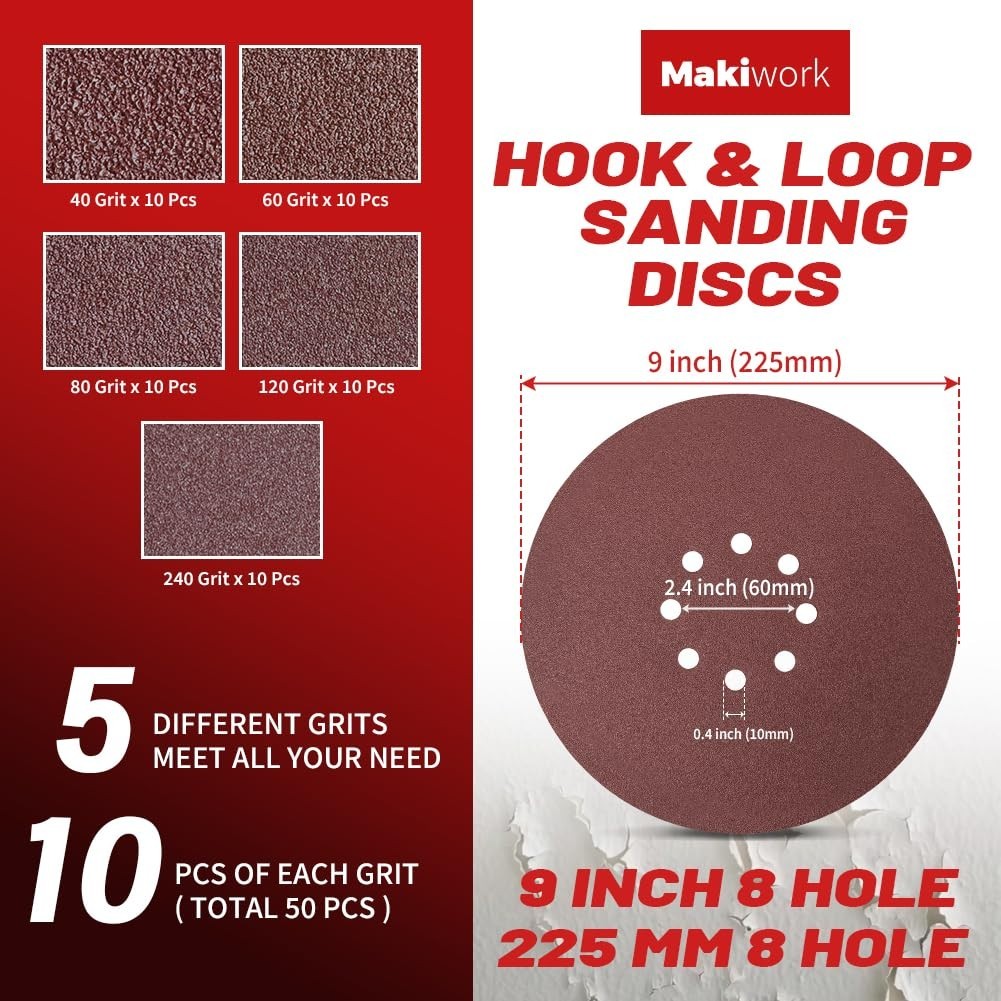 50PCS 9-Inch 8-Hole Hook & Loop Sanding Discs 40/60/80/120/240 Grit – 10 Each…