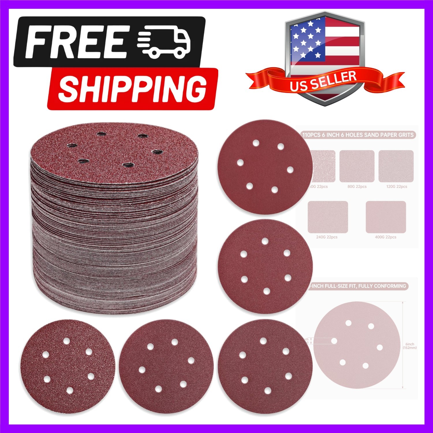 110 PCS 6 Inch 6-Hole Sanding Discs, Round Hook and Loop Sandpaper | For Rand…