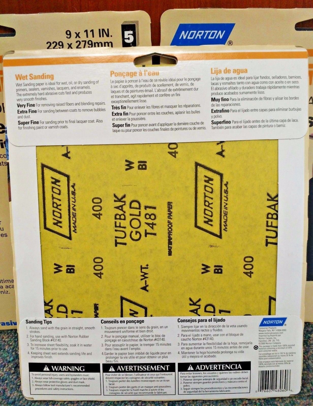 Norton 48060 9″ x 11″ Super Fine 400 Grit Wet Sanding Sheets USA 3PKS