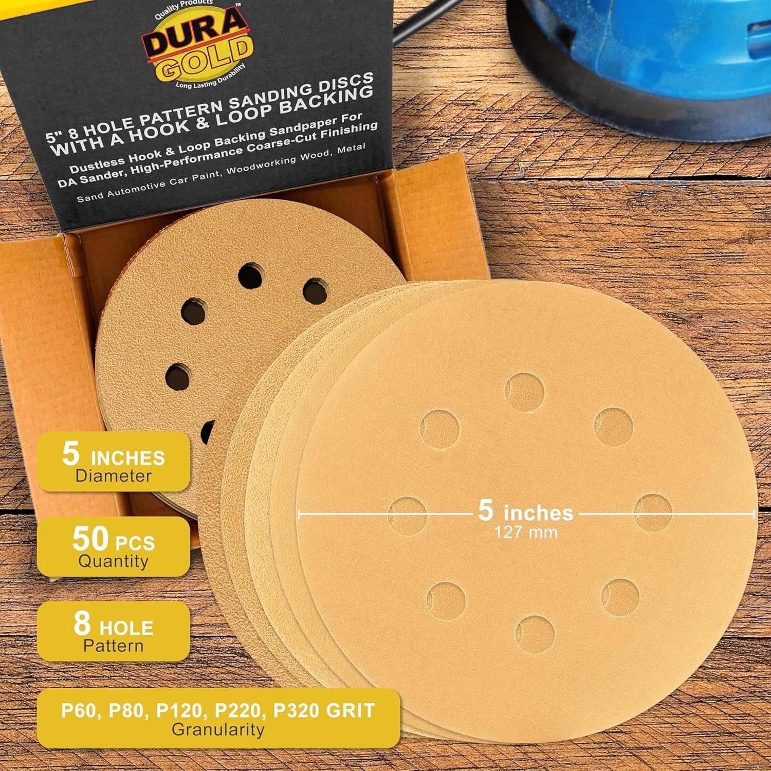 – Variety Pack – 5″ Gold Sanding Discs – 8-Hole Dustless Hook and Loop – 10 E…