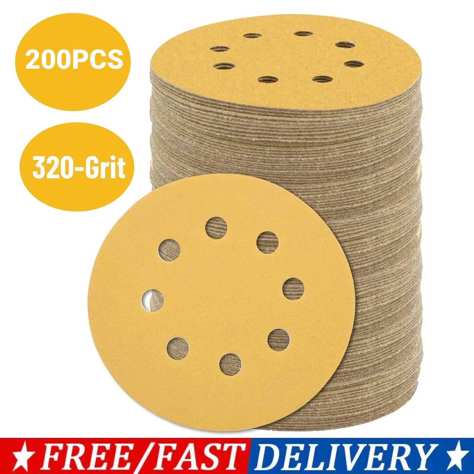 200Pcs 5″ Sanding Discs 320 Grit Hook Loop 8-Hole Sandpaper Orbital Sander Paper