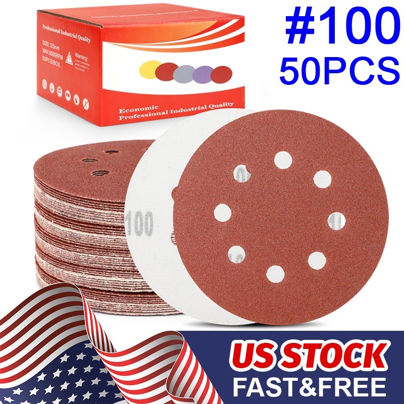 Premium 5″ 8 Hole 100 Grit Sanding Disc 50 Pcs Hook Loop Flocked Sandpaper Pads