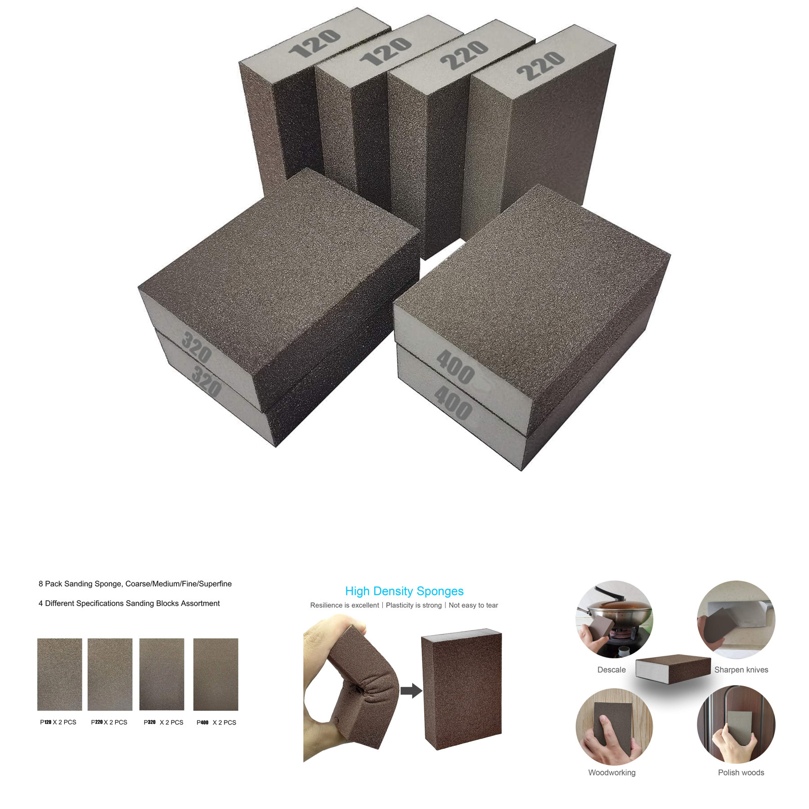 Sanding Sponge Assortment 8 Pcs High Density Coarse to Fine 120 220 320 400 Grit
