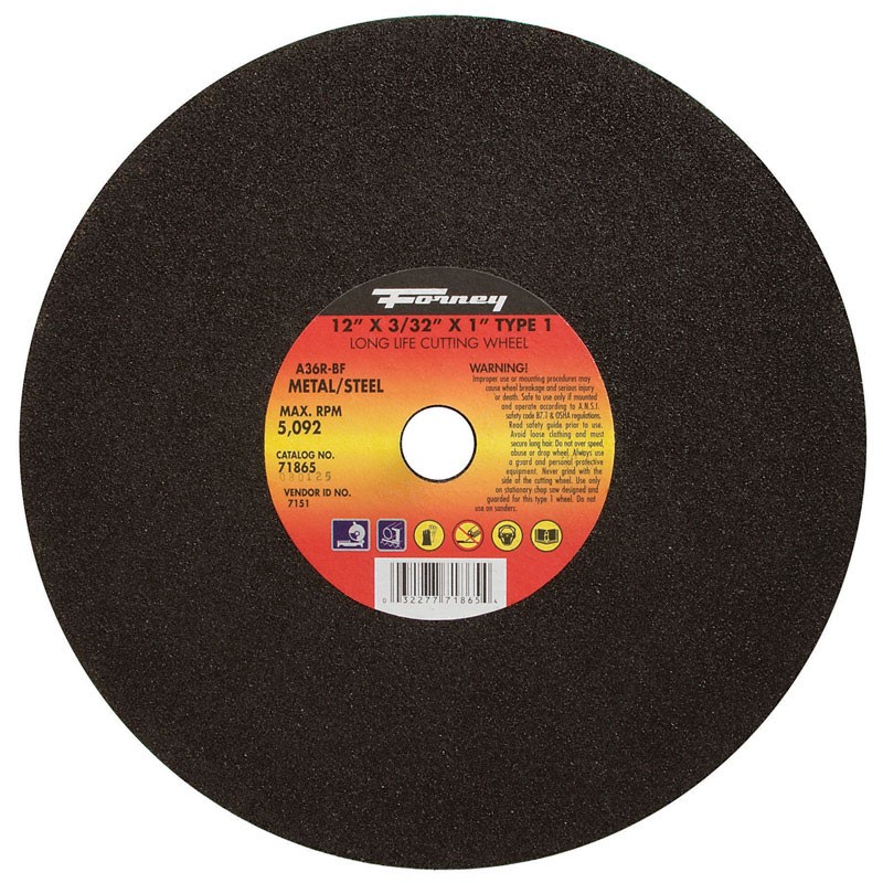 Forney 71865 Aluminum Oxide 5100 RPM Metal Cutting Wheel 12 Dia.x3/32 Thick in.