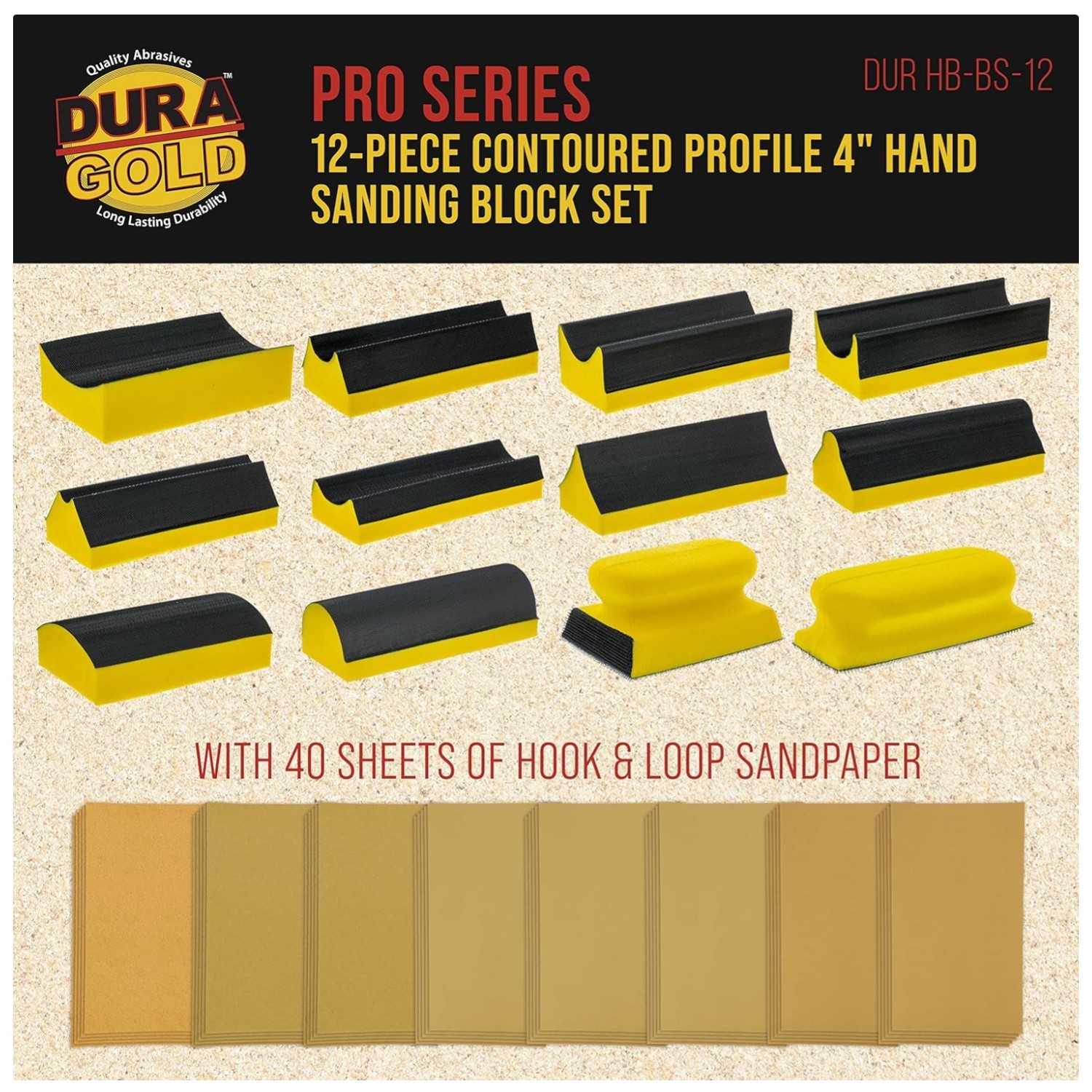 12-Piece Contoured Sanding Block Set with 40 Sheet Sandpaper