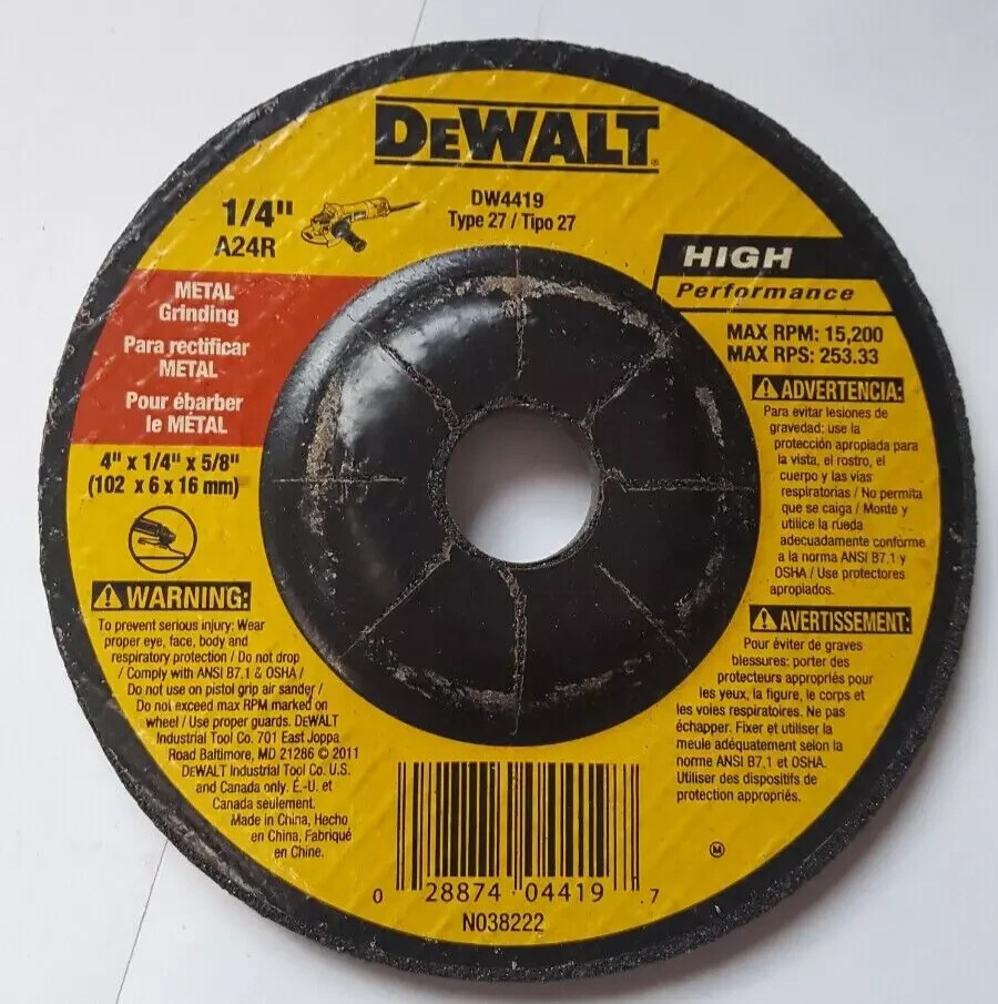 Dewalt Grinding Wheel A24R Type 27 Metal Aluminum Oxide 4″ x 1/4″ x 5/8″ DW4419