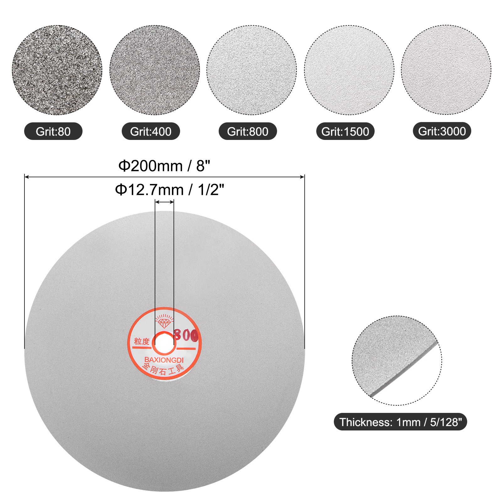 5pcs Diamond Sanding Grinding Disc Set 8″ Grit 80/400/800/1500/3000 1/2″ Arbor