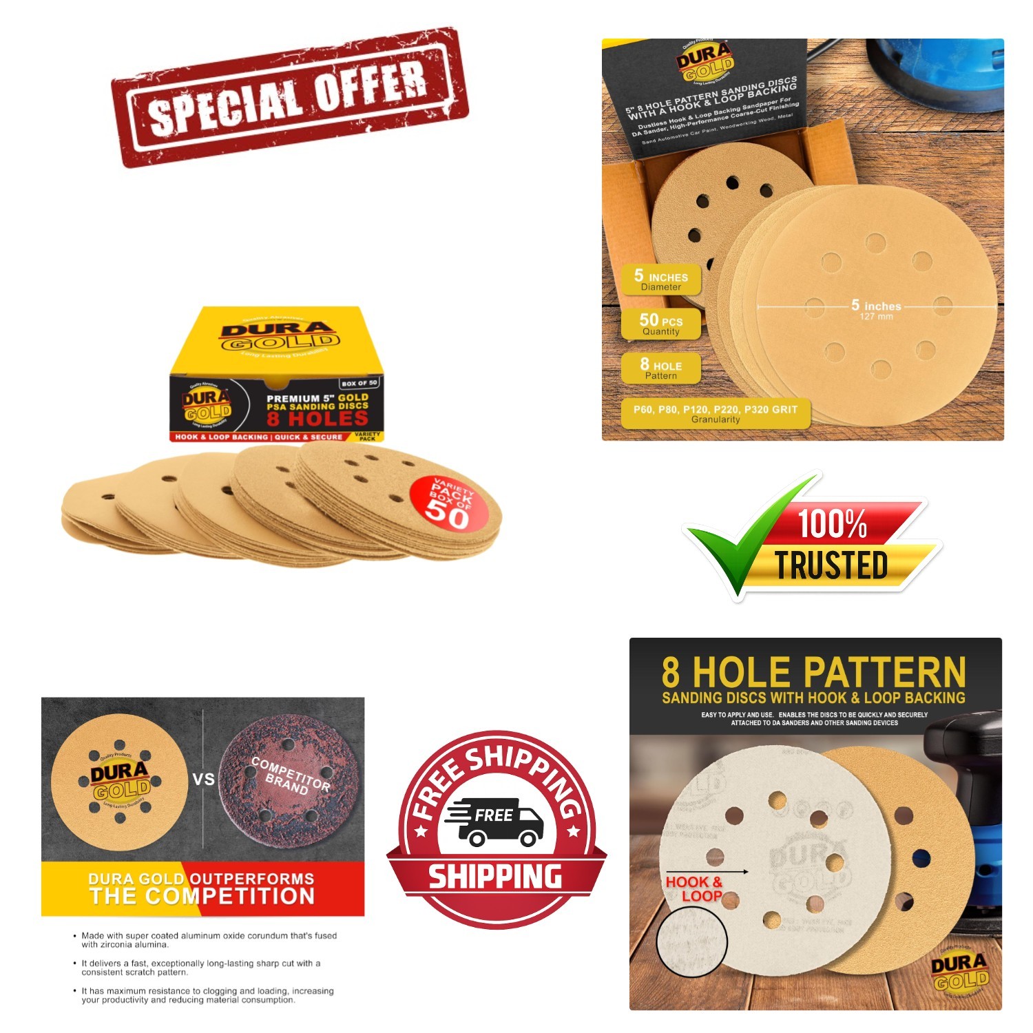 5″ Gold Sanding Discs: 50 Count Variety with Multiple Grits for Professionals