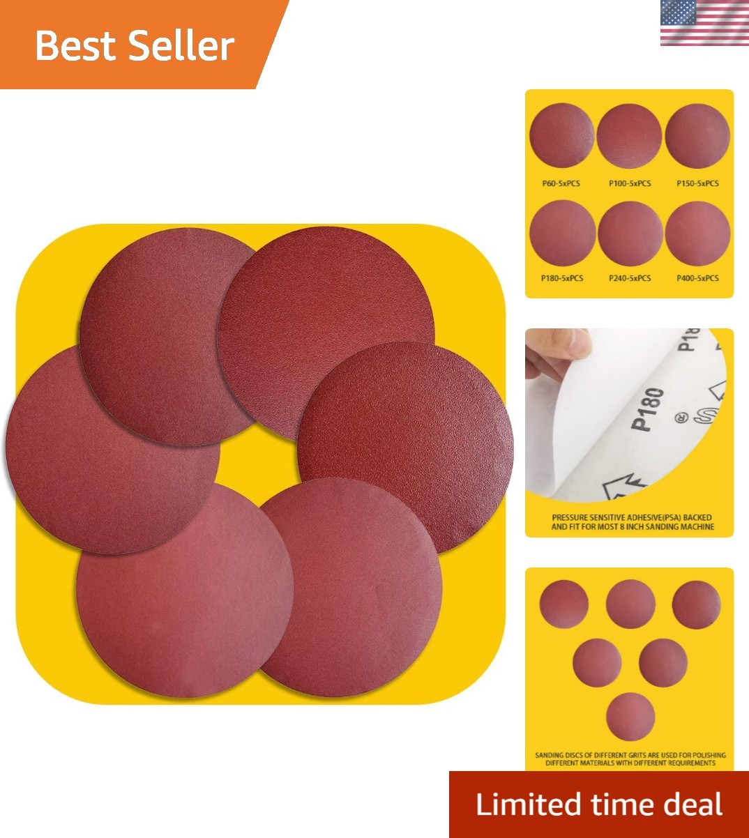 30 PCS 8 Inch NO-Hole PSA Aluminum Oxide Sanding Disc, Self Stick5 Each of 60…