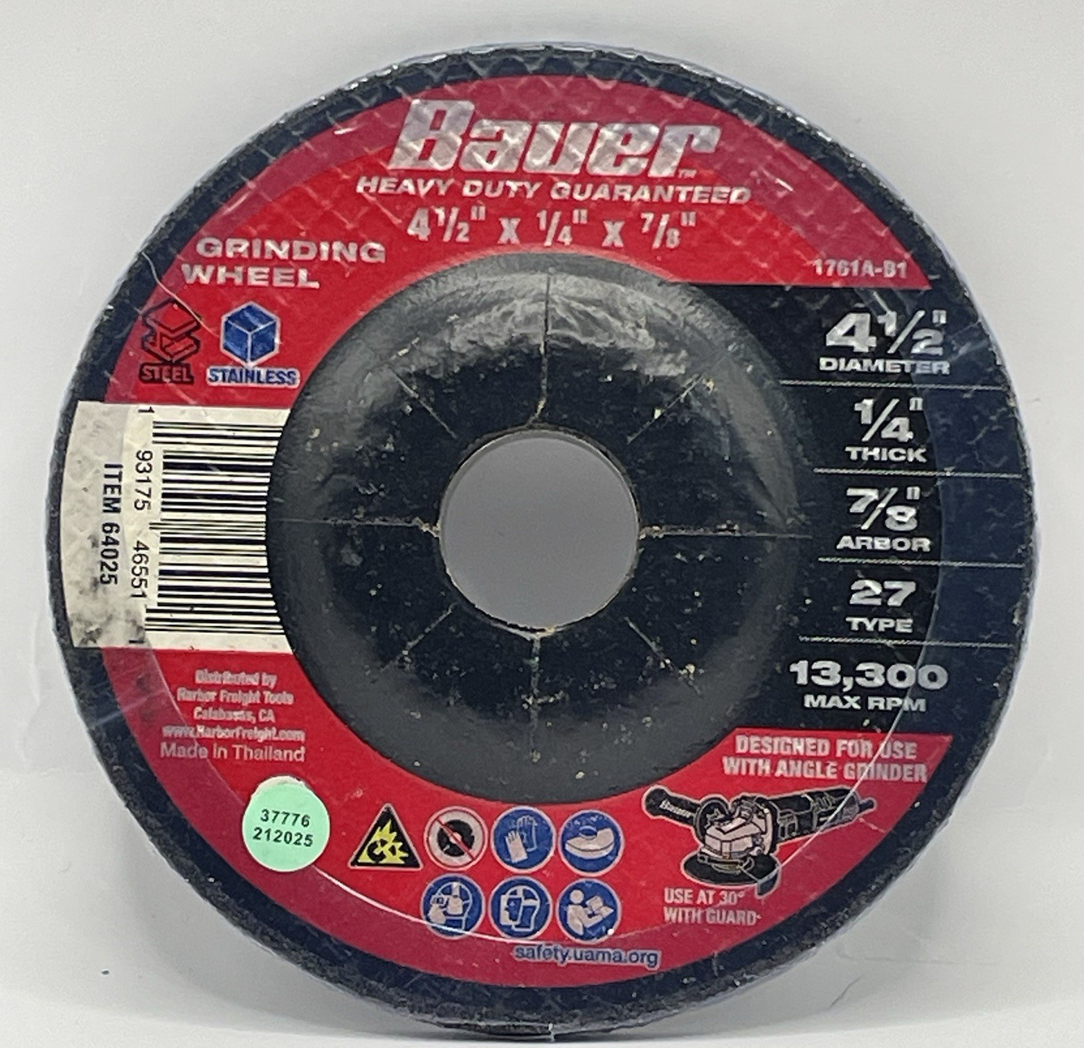 Bauer Type 27 Grinding Wheel 4-1/2 x 1/4 x 7/8 Al Oxide 13300RPM 64025