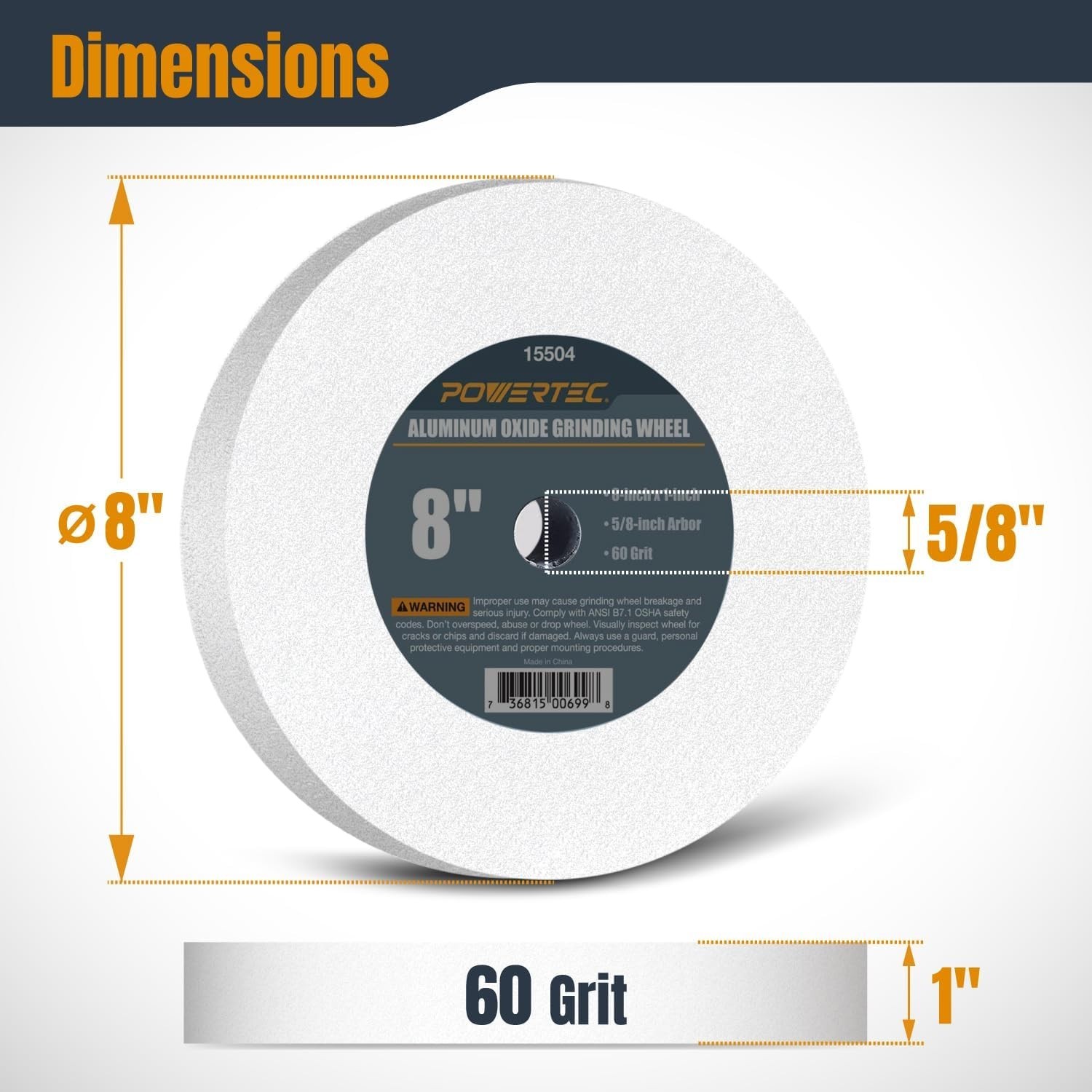 POWERTEC Grinding Wheel 8×1″ Disc x 5/8″ Arbor 60 Grits Aluminum Oxide 15504