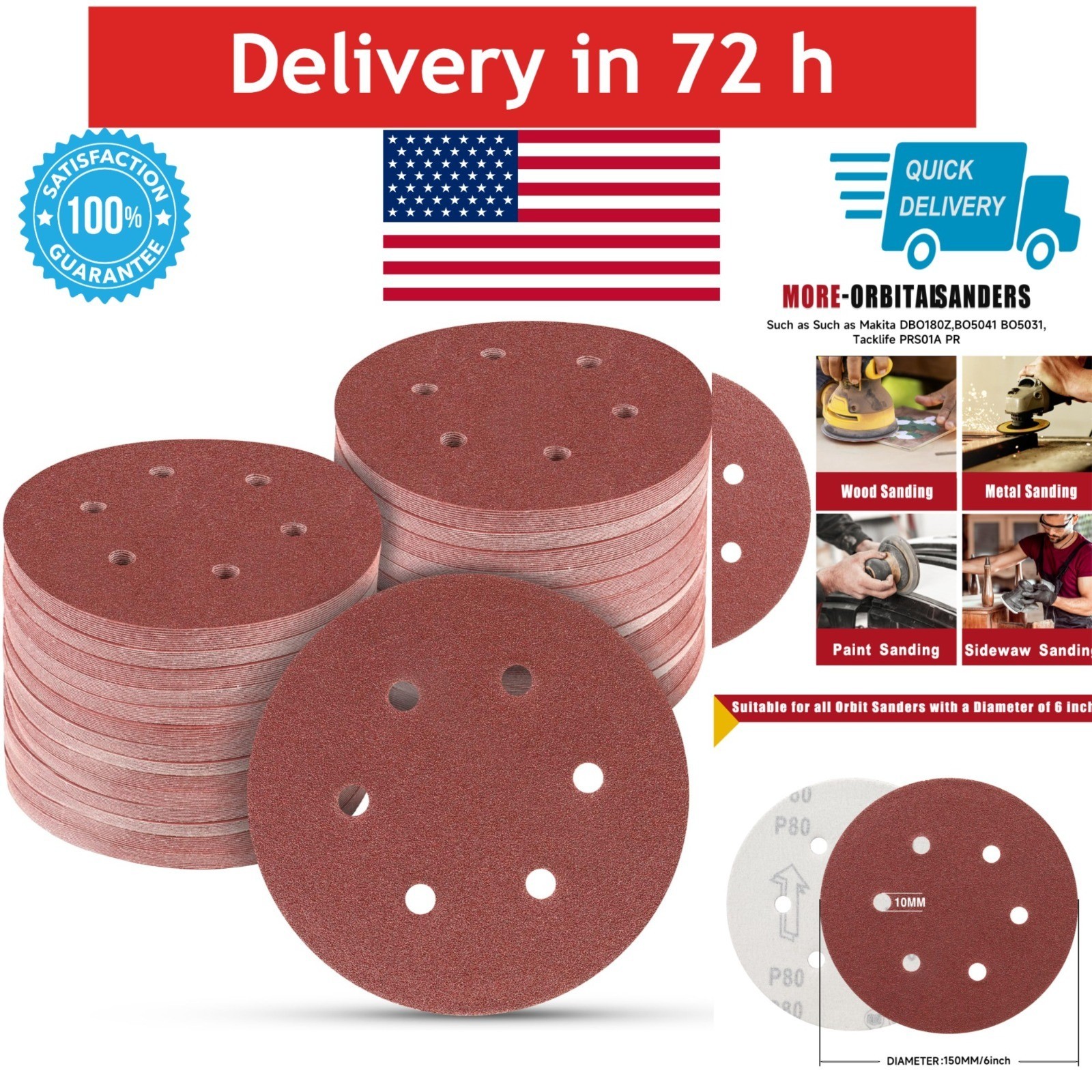 100PCS 6 Inch Sanding Discs 80 Grit for Orbital Sander – Hook and Loop