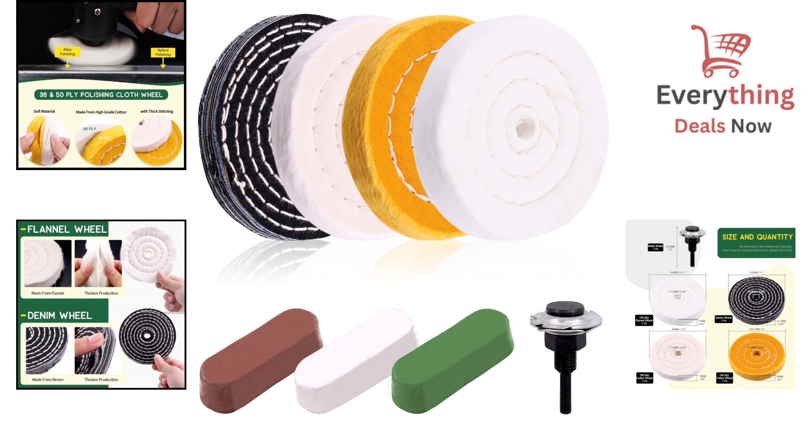 8pc 4″ Buffing Polishing Wheel Kit Bench Grinder 1/2″ Arbor & Polishing Compound
