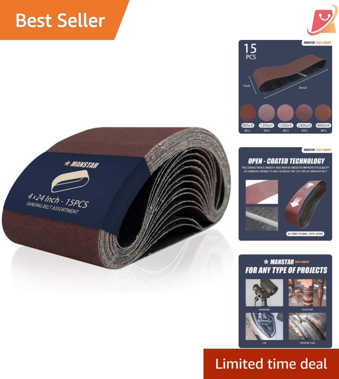 15 pcs Aluminum Oxide Sanding Belts 4x24in Assorted Grits for Wood Metal Plastic