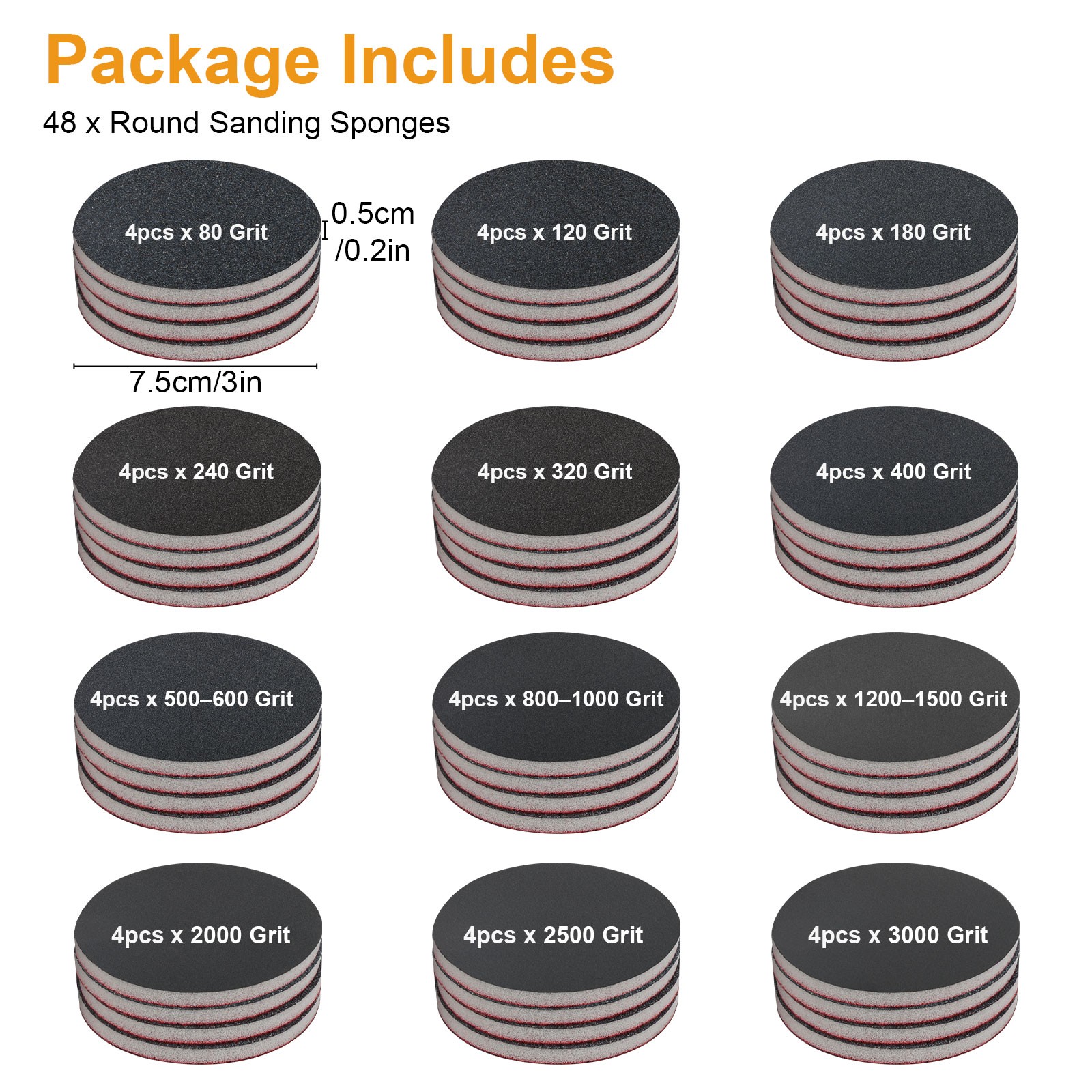 48PCS 3″Sanding Sponge Pads 80-3000 Grit Hook & Loop Wet Dry for Auto Wood Metal