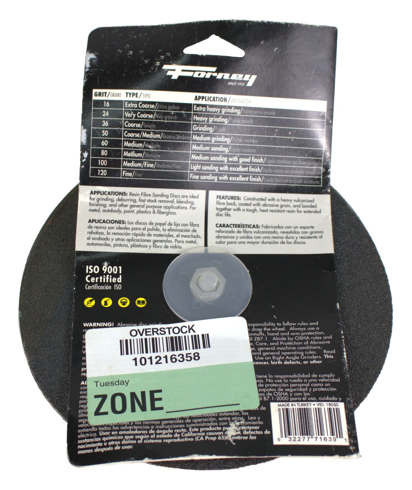 Forney Resin Fibre Sanding Disc 60 Grit x 7in-7/8″ Arbor 8500 Max RPM Part 71639