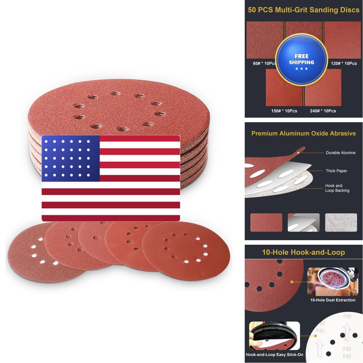 UQIPLB 50 Pcs 9 Inch Sanding Discs, 10-Hole Hook And Loop Round Sandpaper