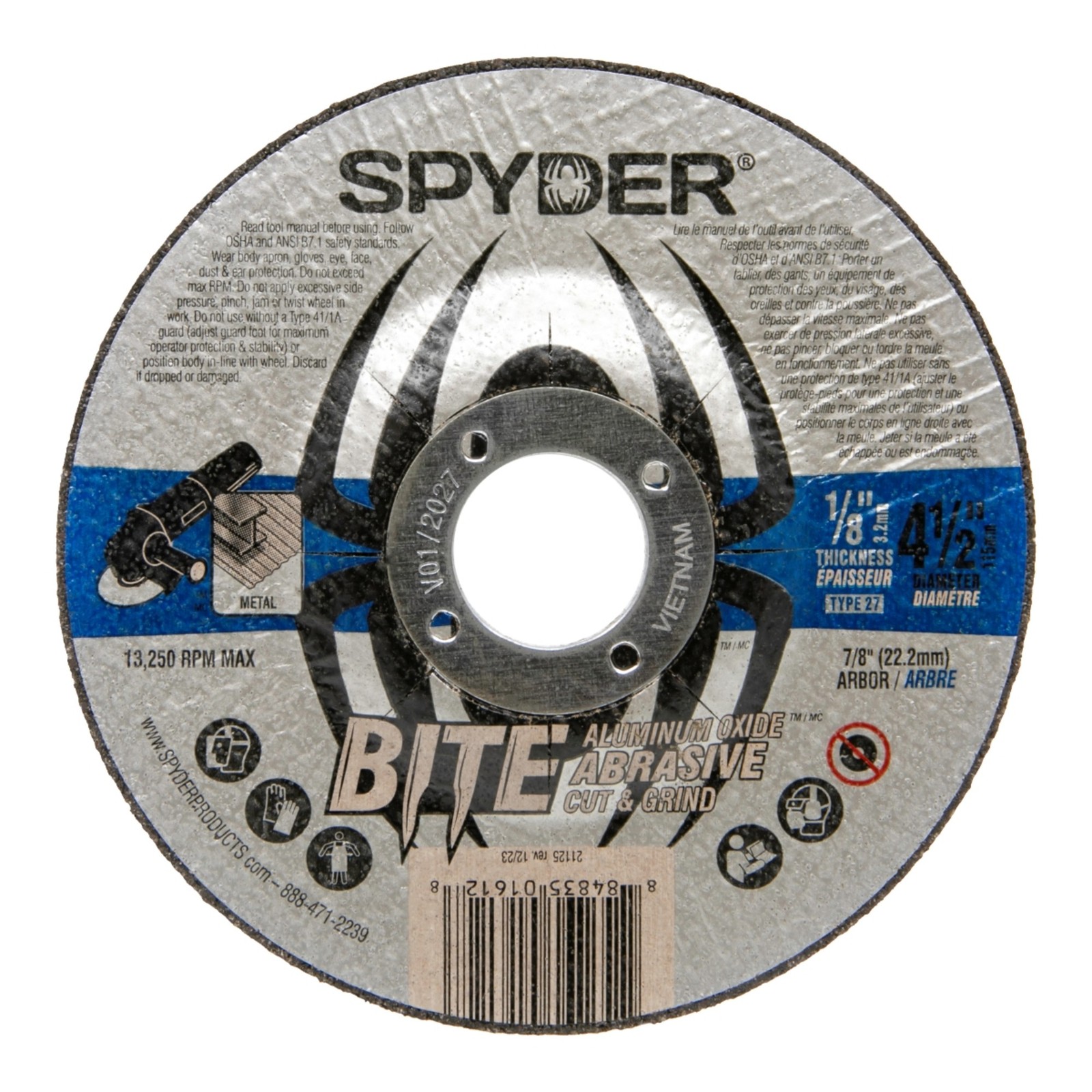 Grinding Wheel 4.5 in Aluminum Oxide (Type 27, 1/8-Inch Thickness) Spyder 21125