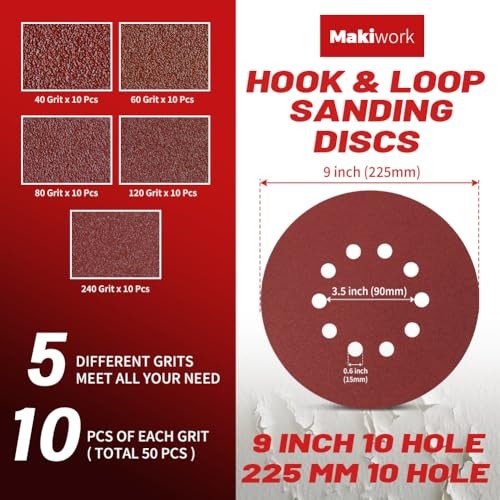 50PCS 9-Inch 10-Hole Hook & Loop Sanding Discs Mix Grit(50PCS) 10 Hole