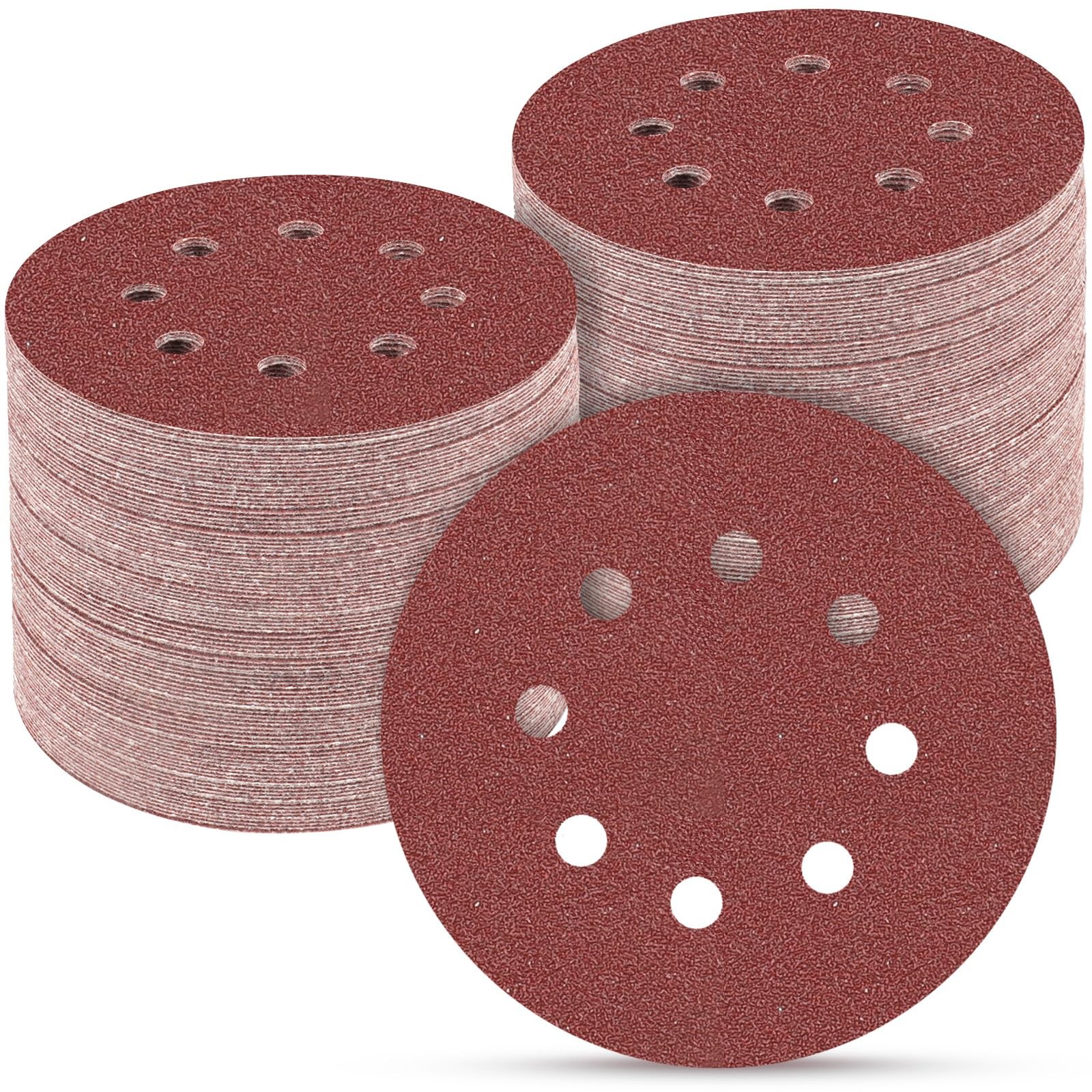 POTUINOM 100PCS 5 Inch Sanding Discs 80 Grit Sandpaper for 5 inches, Red