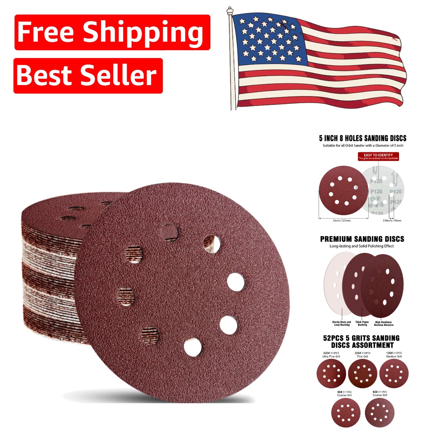 5 Inch Sandpaper Discs – 52 Pack with 8-Hole Design for Smooth Finishes
