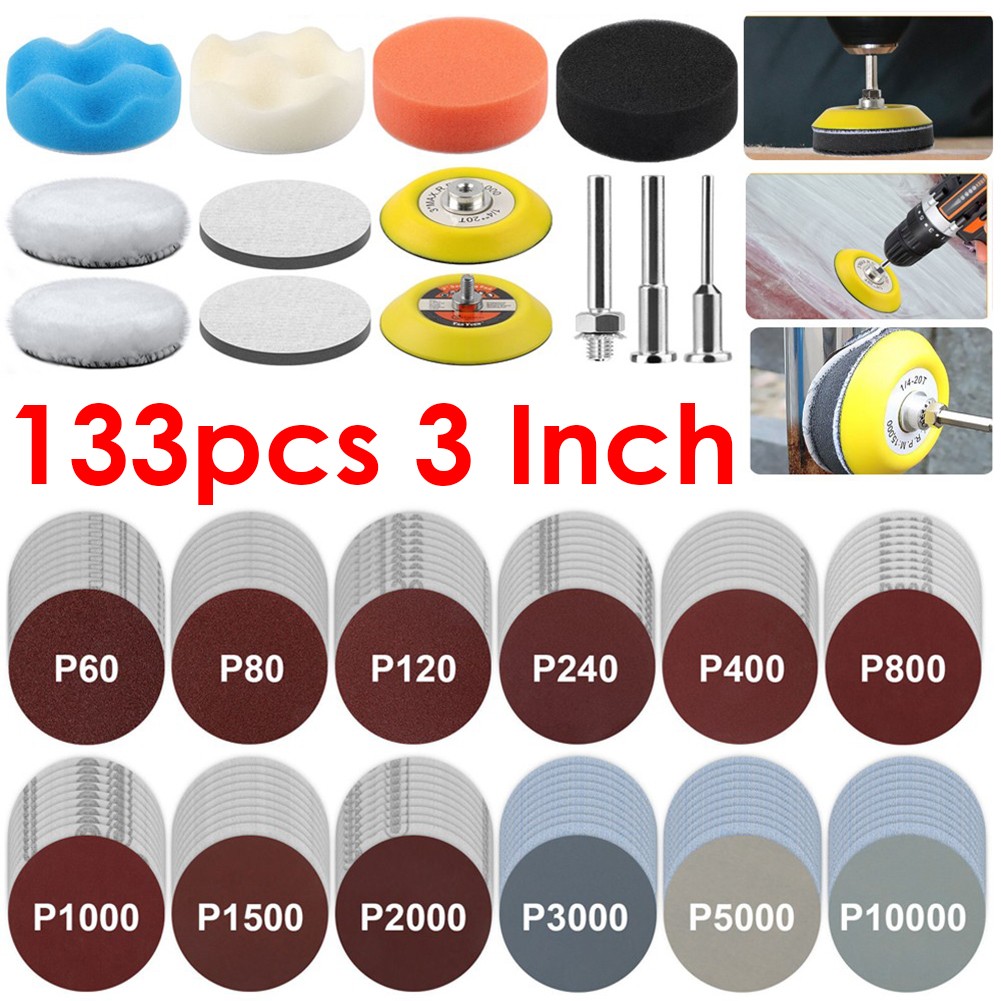 133pcs 3 Inch Sanding Disc Kit, 60-10000 Grit Wet Dry Hook & Loop Sandpaper Pads