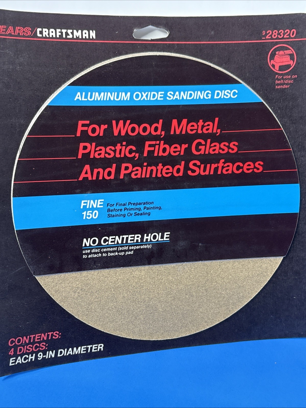 CRAFTSMAN PKG of 4 – 9” Aluminum Oxide Sanding Disc 150 Grit Fine No Cntr Hole