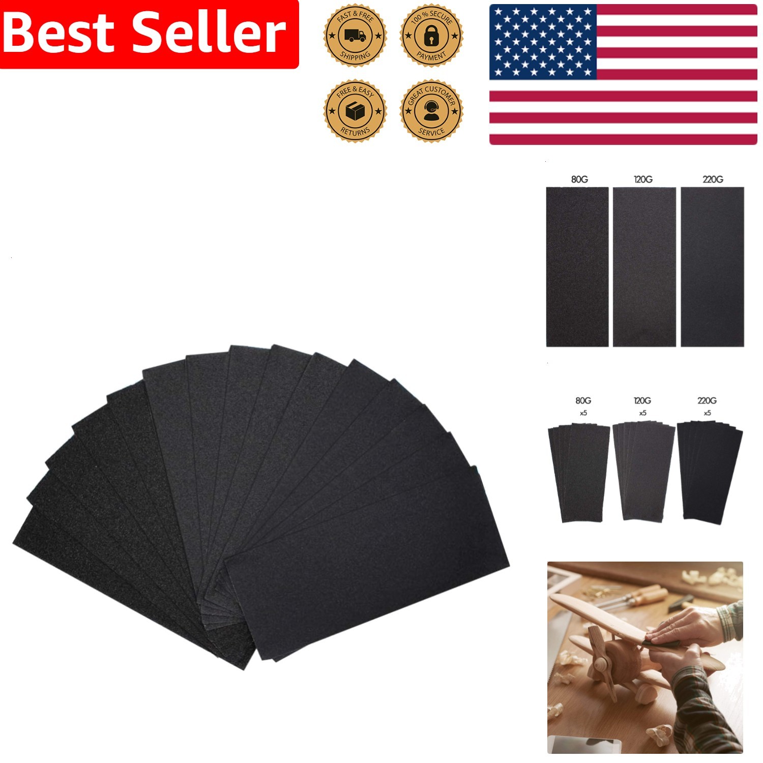 15pc Sandpaper 9×3.6 Inch Assorted 80 120 220 Grit Wood Metal