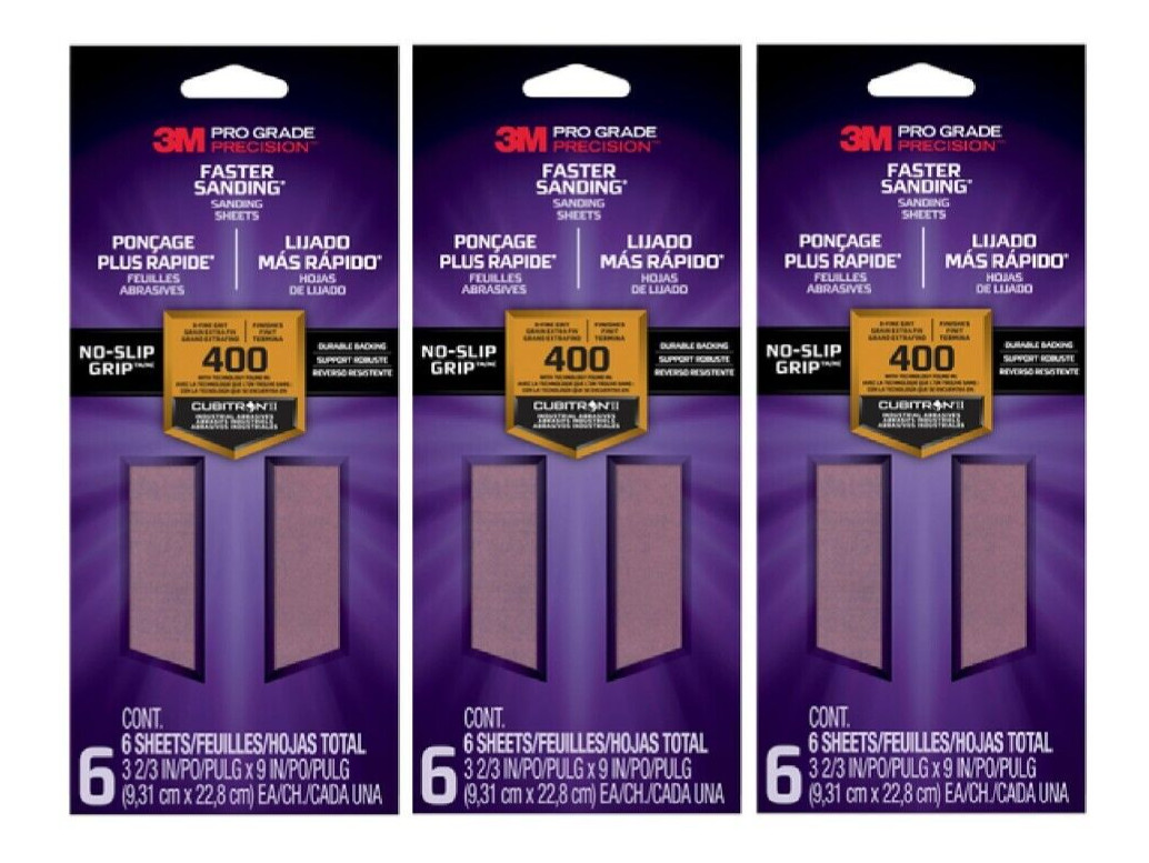 3M Precision Sanding Sheets 3 2/3 in x 9 in, 400 grid, 6 Sheets 3 Pack
