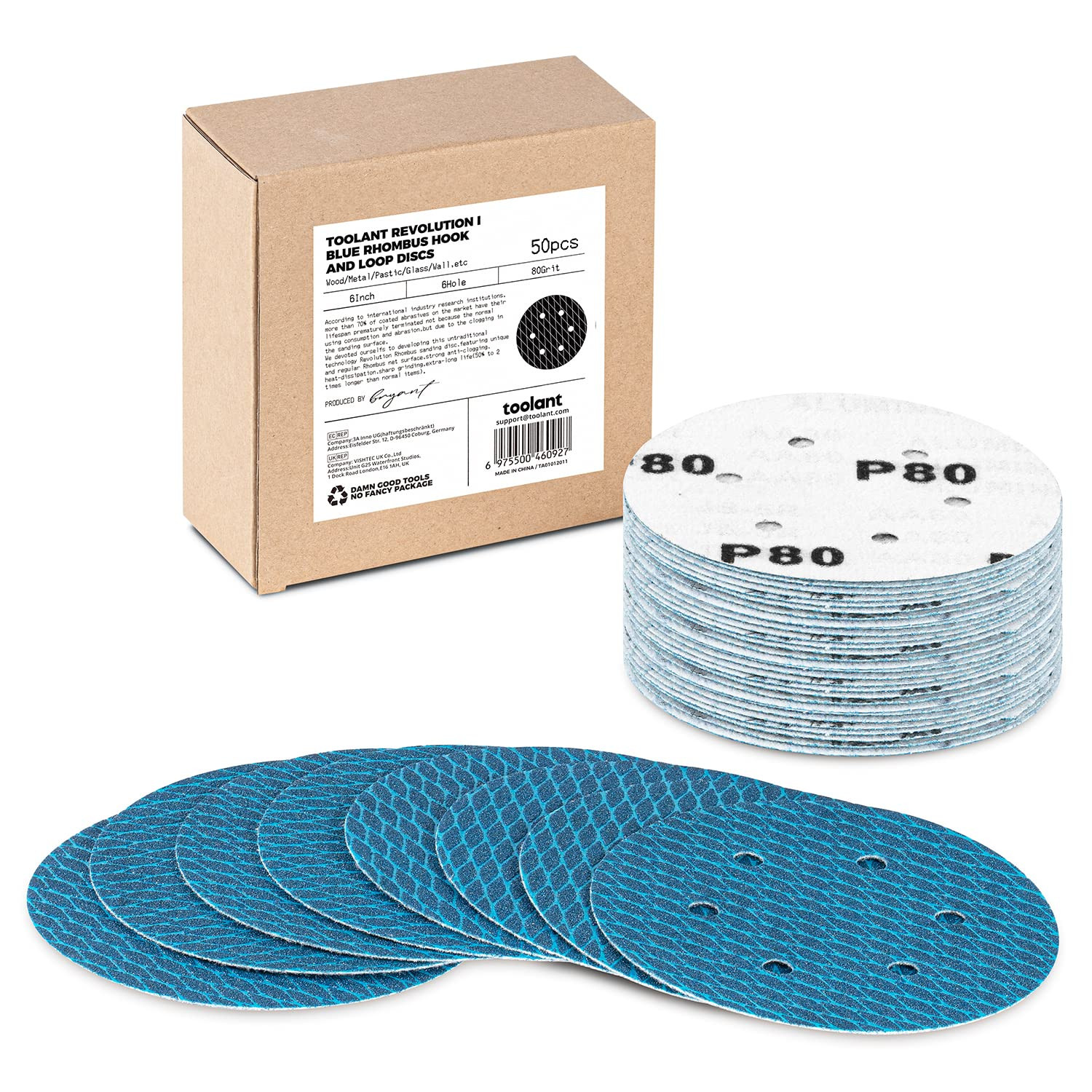 Diamond Shape 6 Inch 80 Grit Sanding Disc, Revolutionary Patent 6 Hole Hook and