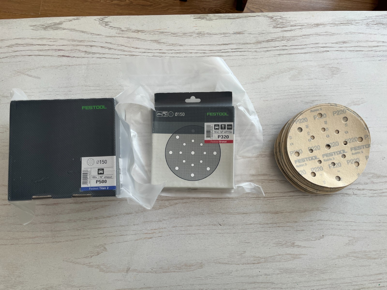 Festool P500 Titan2 Box 100pcs, P320 10pcs Granat, P220 33pcs Rubin2 6″ D150