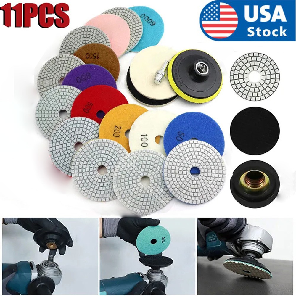 11Pcs 4 inch 100mm Diamond Polishing Pads Kit Wet/Dry for Granite Stone Concrete