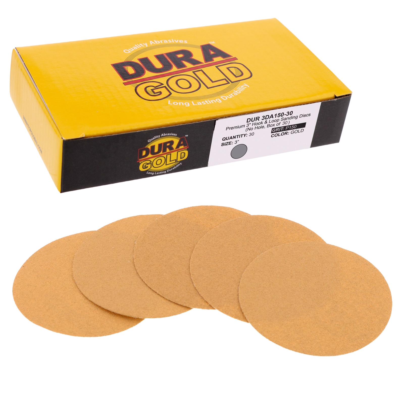 Dura-Gold 150 Grit 3″ Gold Hook & Loop Sanding Discs for DA Sanders – Box of 30