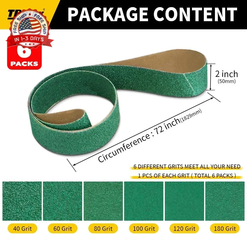 6 Pack 2 x 72 Inch Zirconia Ceramic Sanding Belts Kit – 40, 60, 80, 100, 120, 18