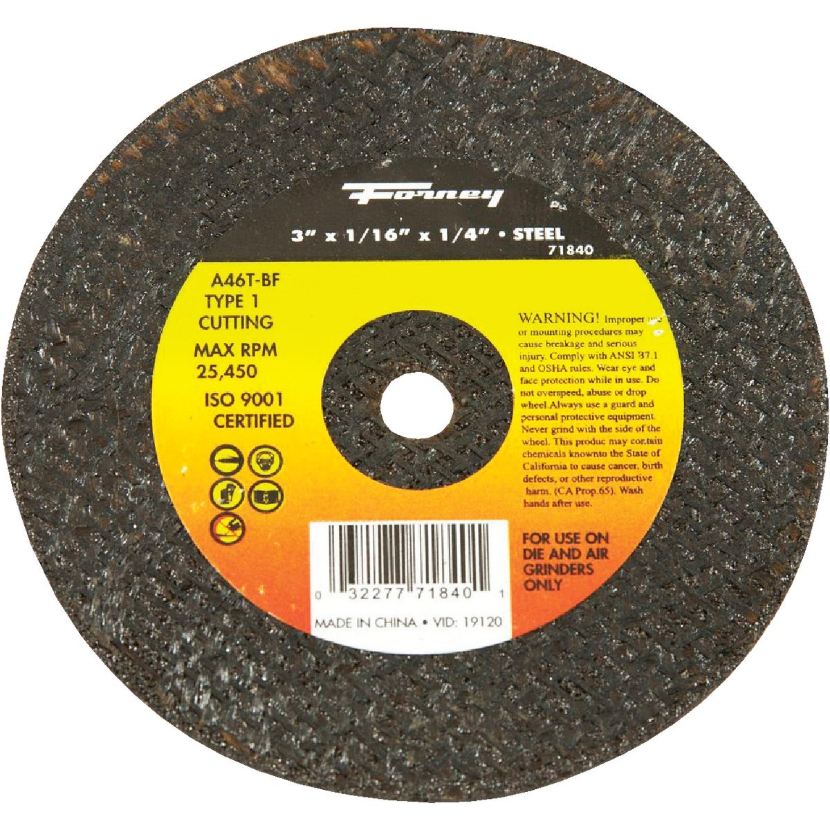 Forney Type 1 3 In. x 1/16 In. x 1/4 In. Steel Cut-Off Wheel 71840 Forney 71840