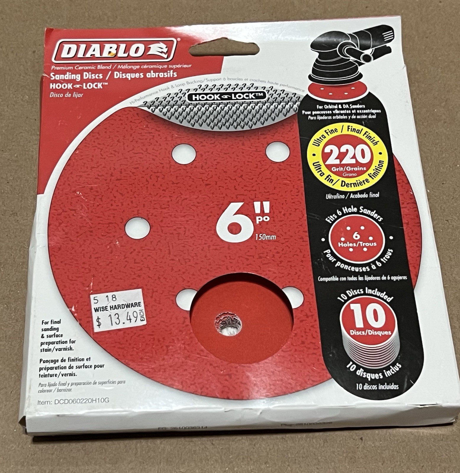 Diablo 6” Ceramic Blend Hook/Lock Sanding Disc 220 Grit Ultra Fine 10-Pack New